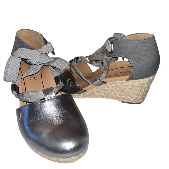 Vionic Kaitlyn Metallic Pewter Wedge Espadrille Size 7 Arch Support Comfort - Picture 1 of 12